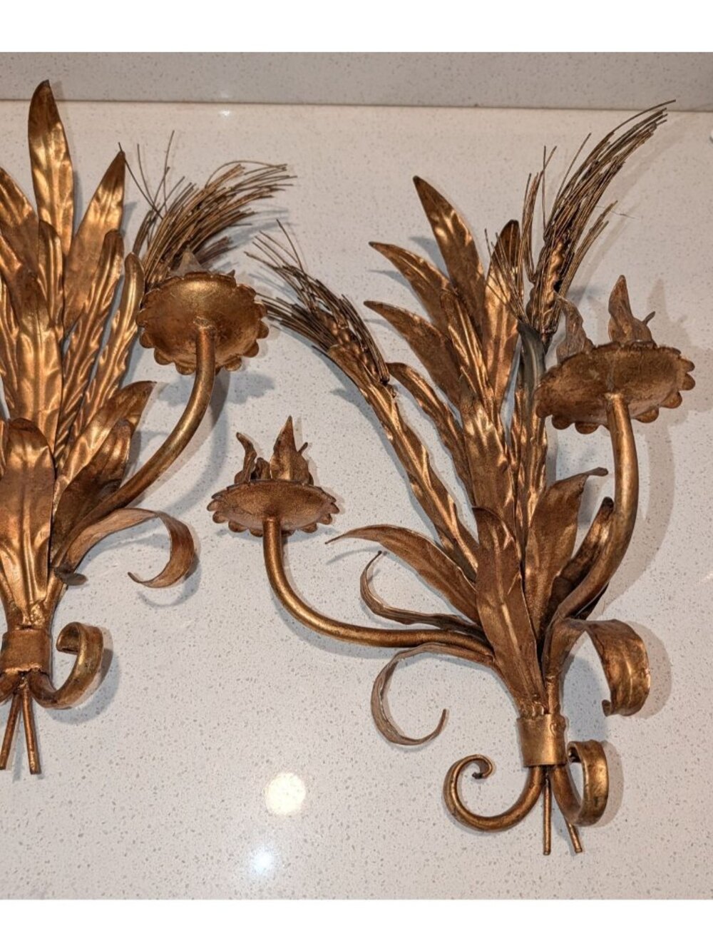 Pair of Vintage Italian Florentine Wheat Leaf Wall Sconces 17" MCM Gold Metal - Picture 11 of 16